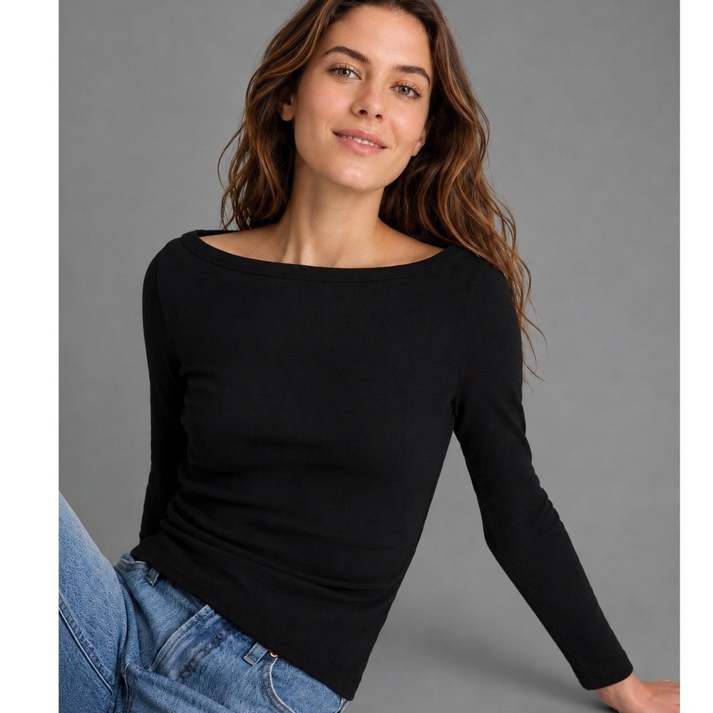 Madewell Tee Shirt Womens Size Small Boatneck Jet Black Compact Cotton Top NWT